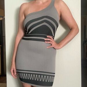Vintage Y2K Bebe One Shoulder Stretchy Bodycon Dress Size M/L Gray Black